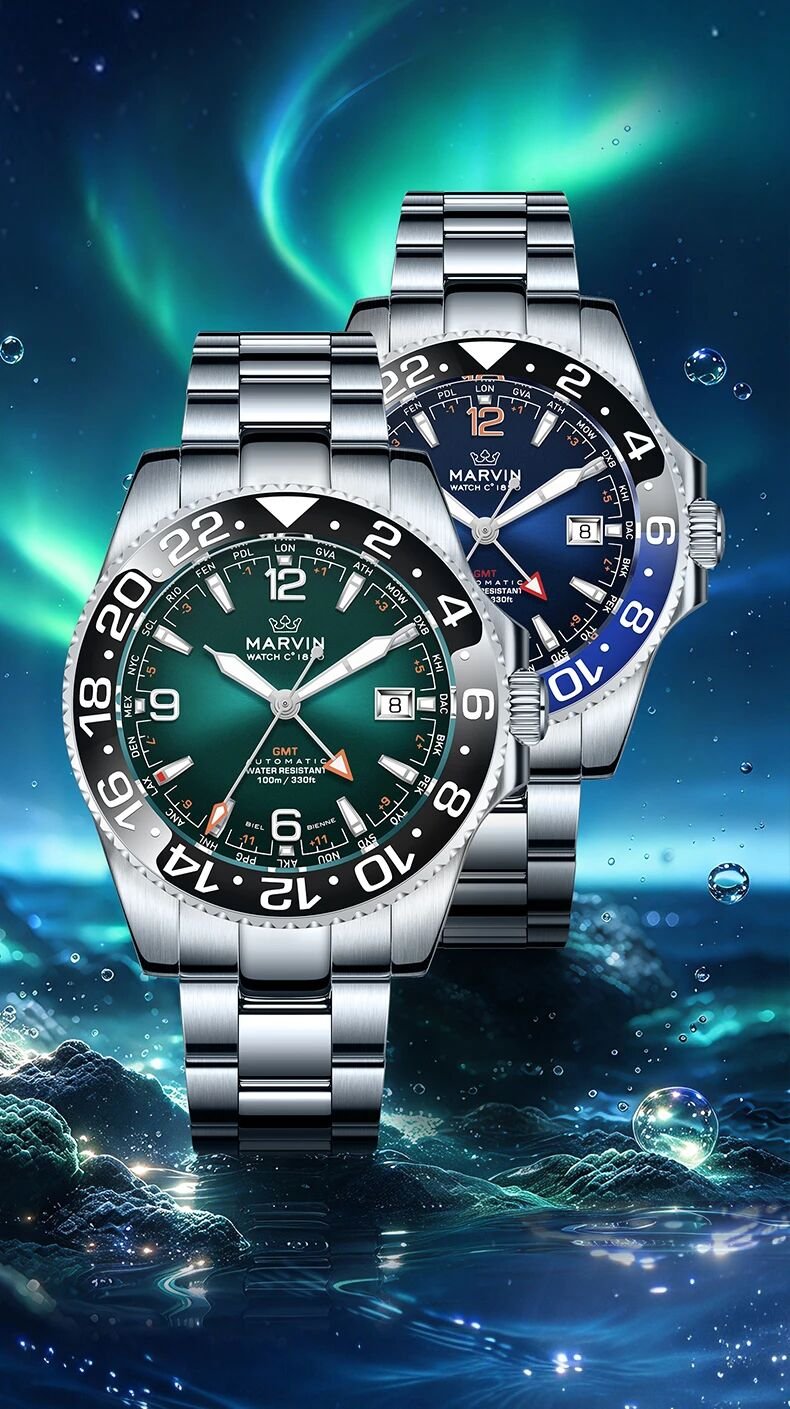 Peacock Green and Deep Sea Blue Marvin Malton Diver GMT watches beneath an aurora