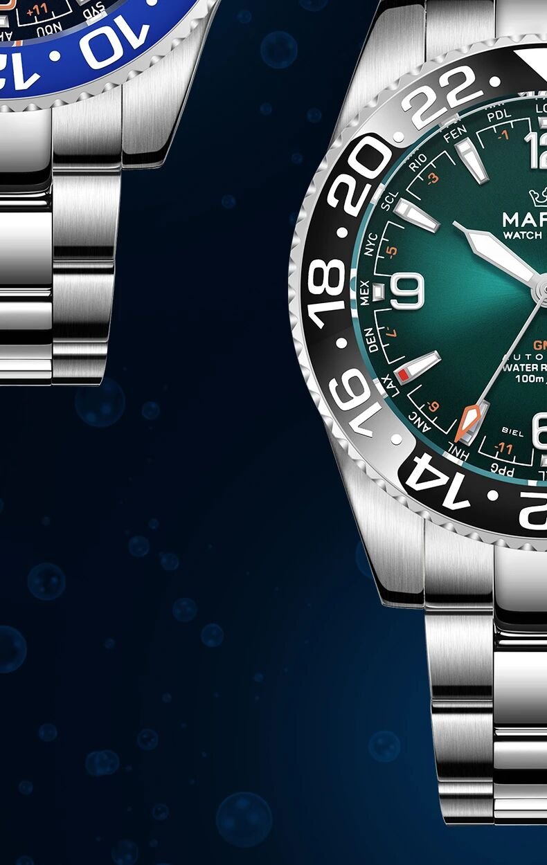 Close-up of the Peacock Green dial and stainless-steel bracelet