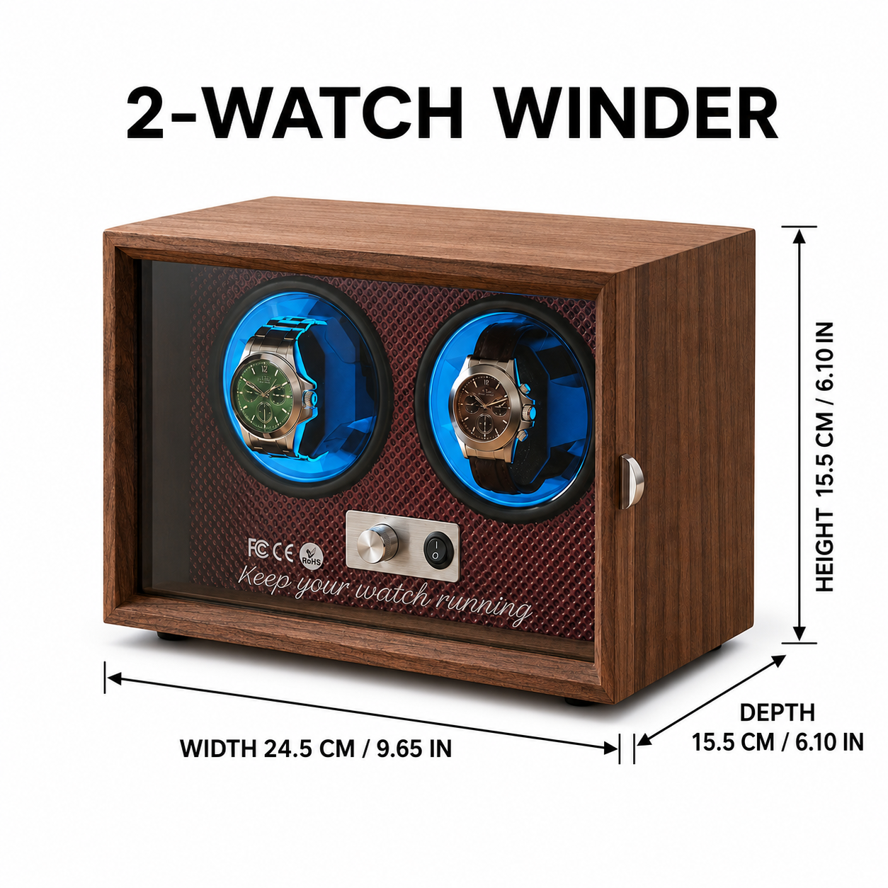 Walnut Automatic Watch Winder with Blue LED Lighting