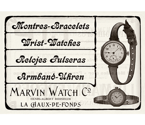Early multilingual Marvin wrist-watch advertisement