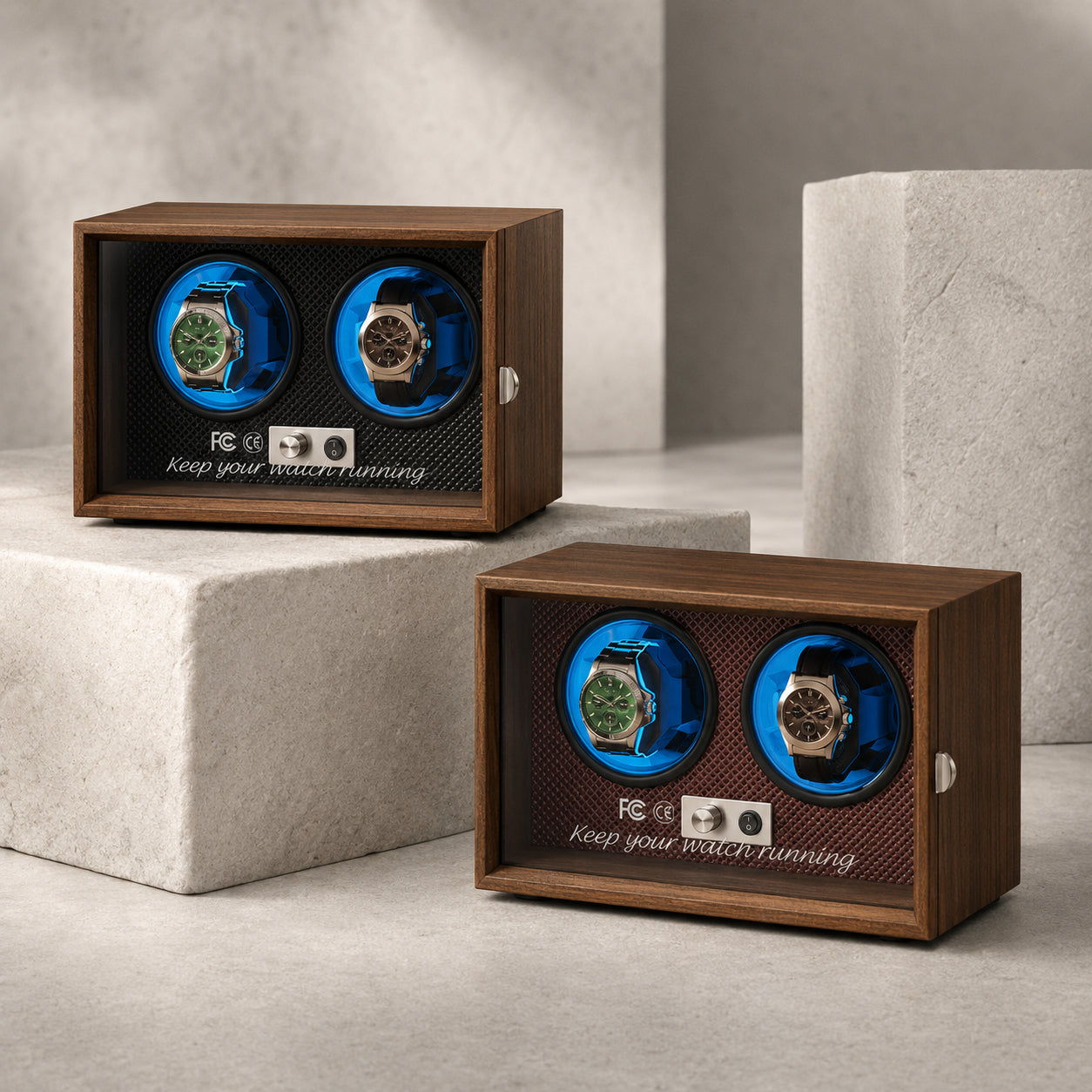 Walnut Automatic Watch Winder with Blue LED Lighting