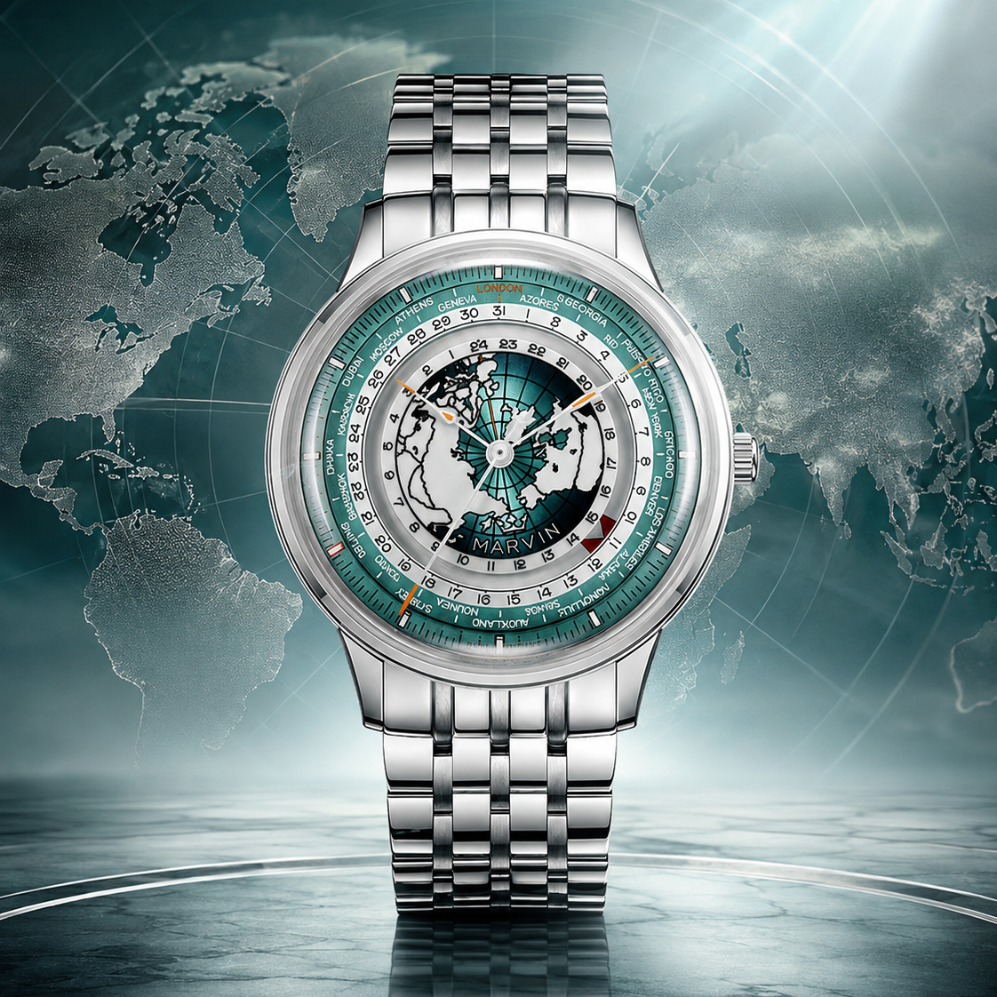 Marvin Expectation world time automatic watch with Lucky Red Dot date