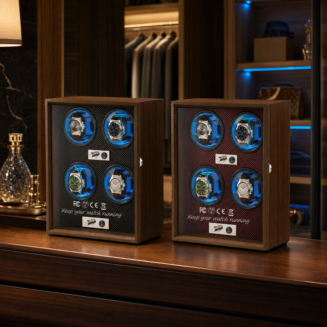 Walnut Automatic Watch Winder with Blue LED Lighting