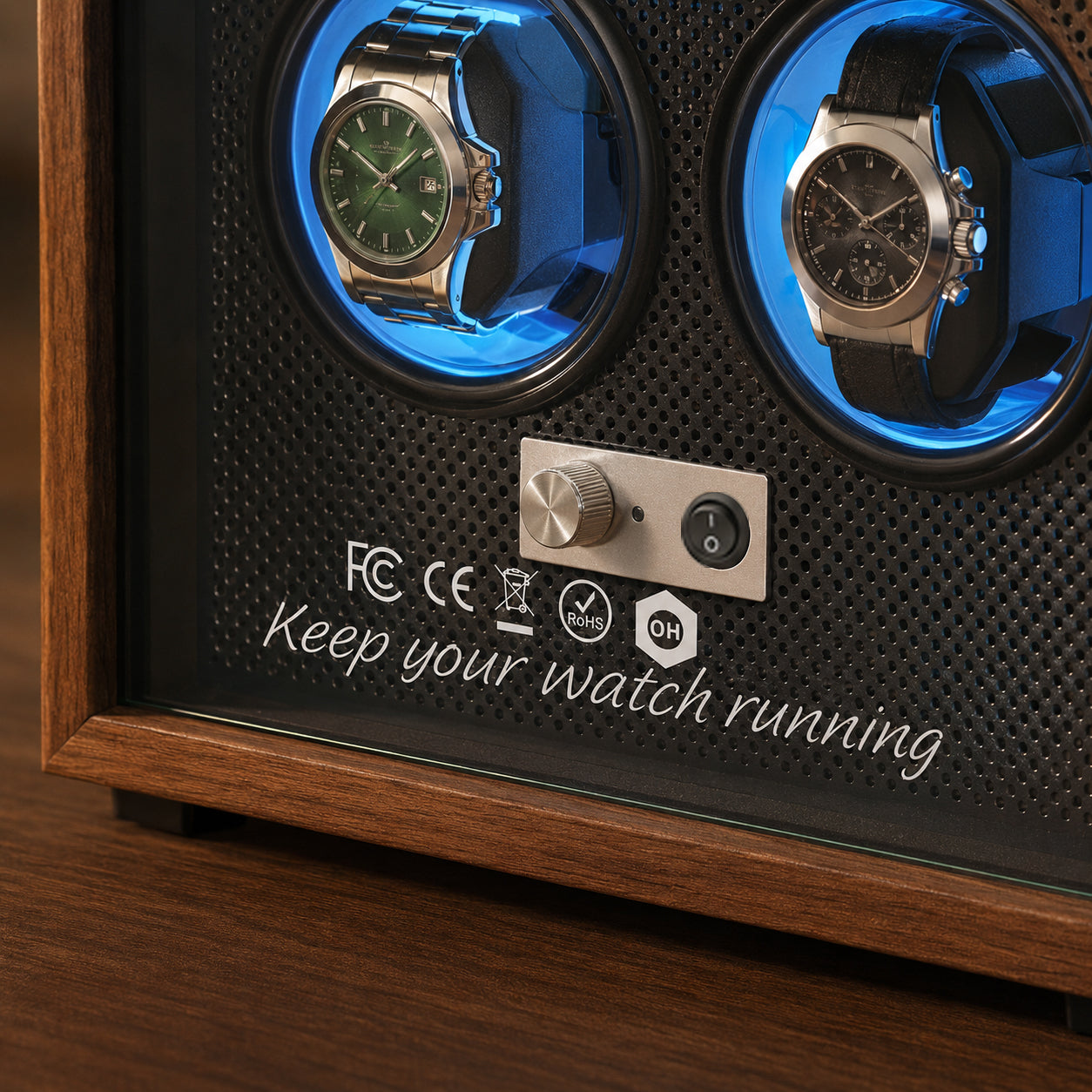Walnut Automatic Watch Winder with Blue LED Lighting