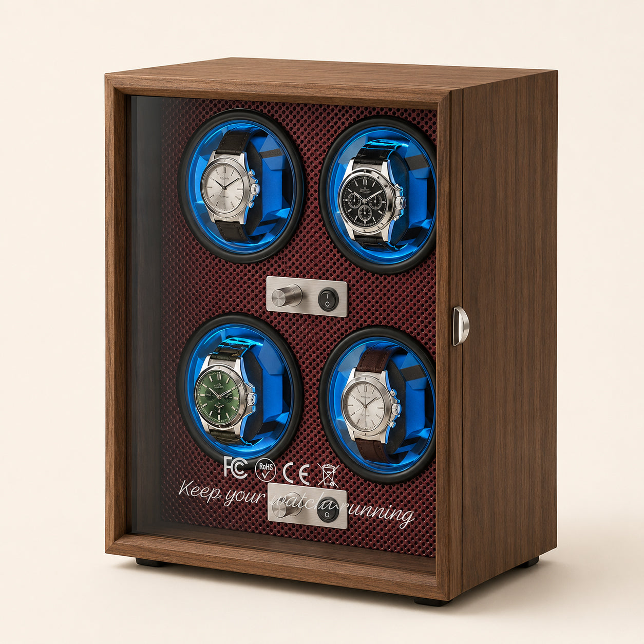 Walnut Automatic Watch Winder with Blue LED Lighting