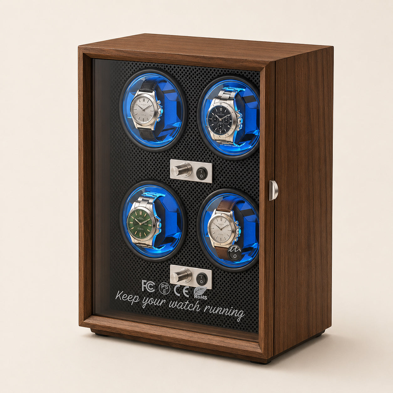 Walnut Automatic Watch Winder with Blue LED Lighting