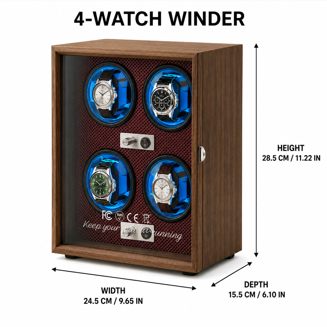 Walnut Automatic Watch Winder with Blue LED Lighting