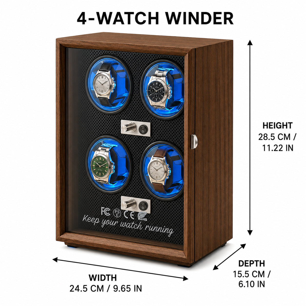 Walnut Automatic Watch Winder with Blue LED Lighting