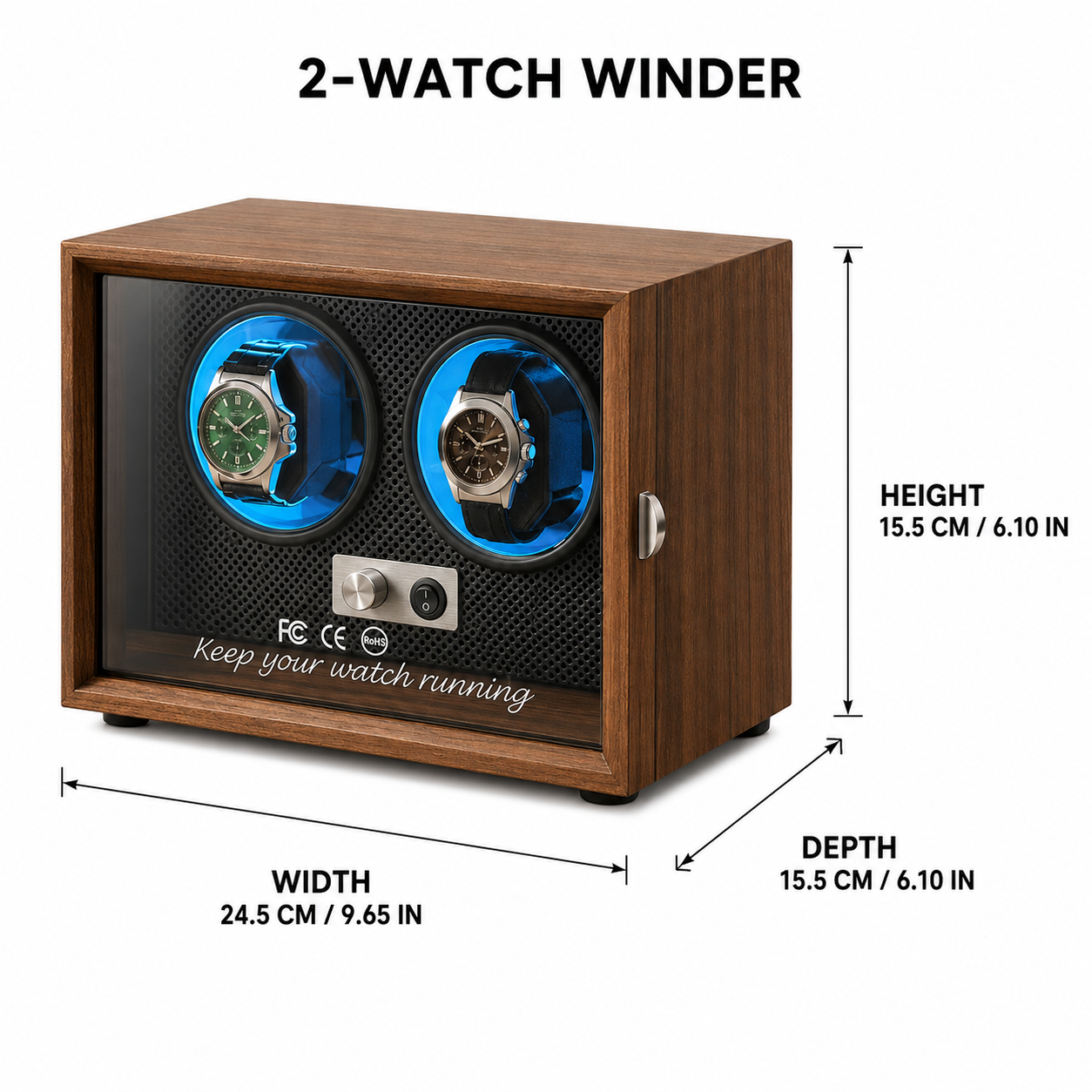 Walnut Automatic Watch Winder with Blue LED Lighting