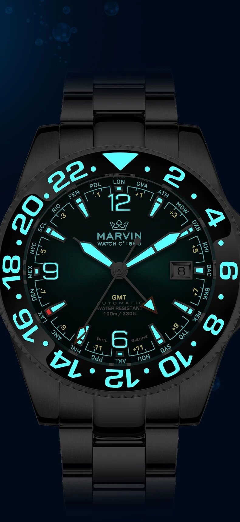Malton Diver GMT glowing turquoise in darkness, showing luminous hands, markers and bezel