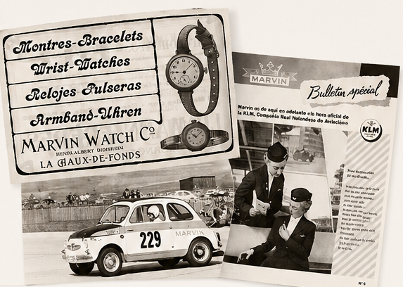 Historic Marvin advertising, motorsport and KLM partnership collage